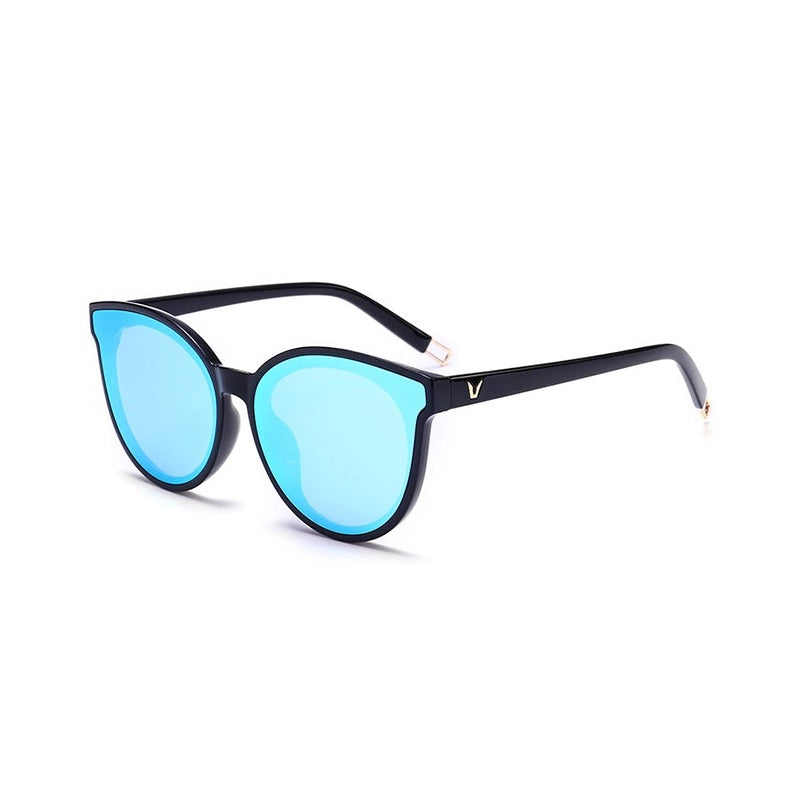 Sunglasses with blue lenses and black frames on a white background