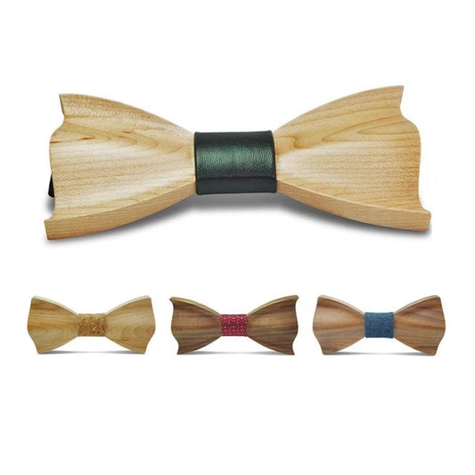 Set of wooden bow ties with different color options on a white background