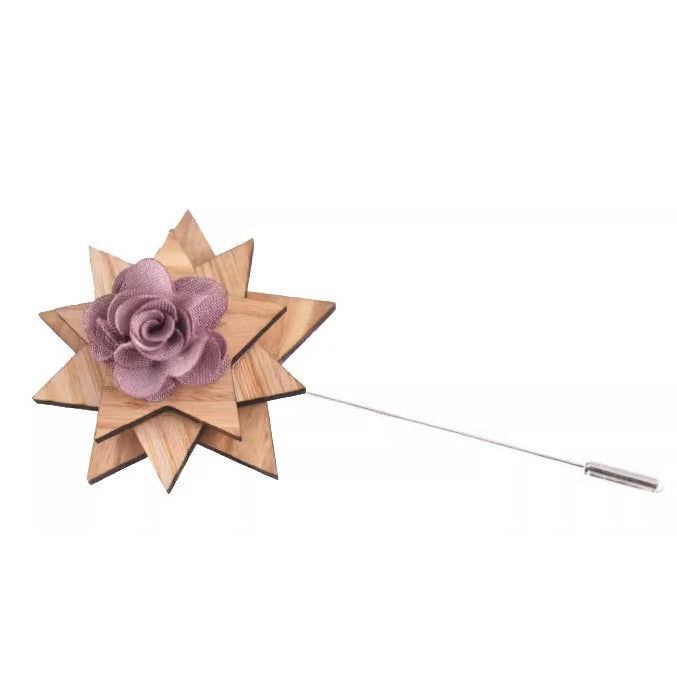 Wooden flower lapel pin with a purple flower on a white background