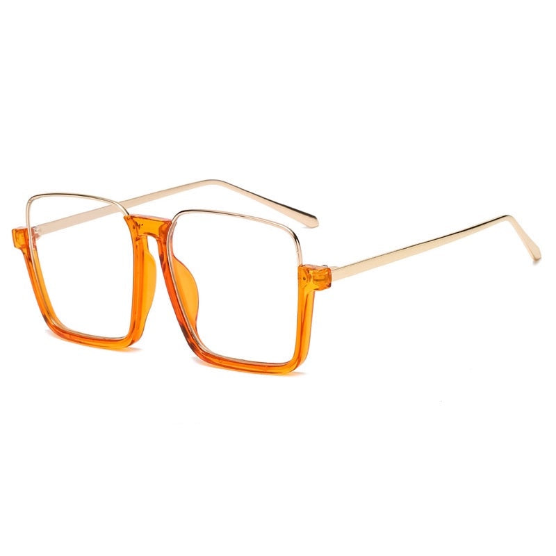 Orange eyeglasses with gold frame on a white background