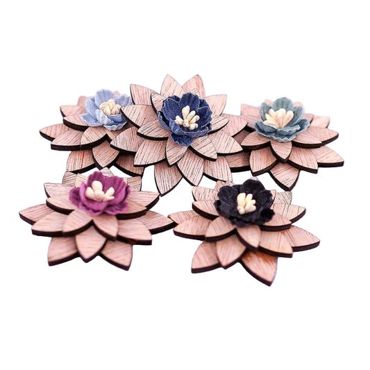 Wooden flower-shaped pins on a white background with text above