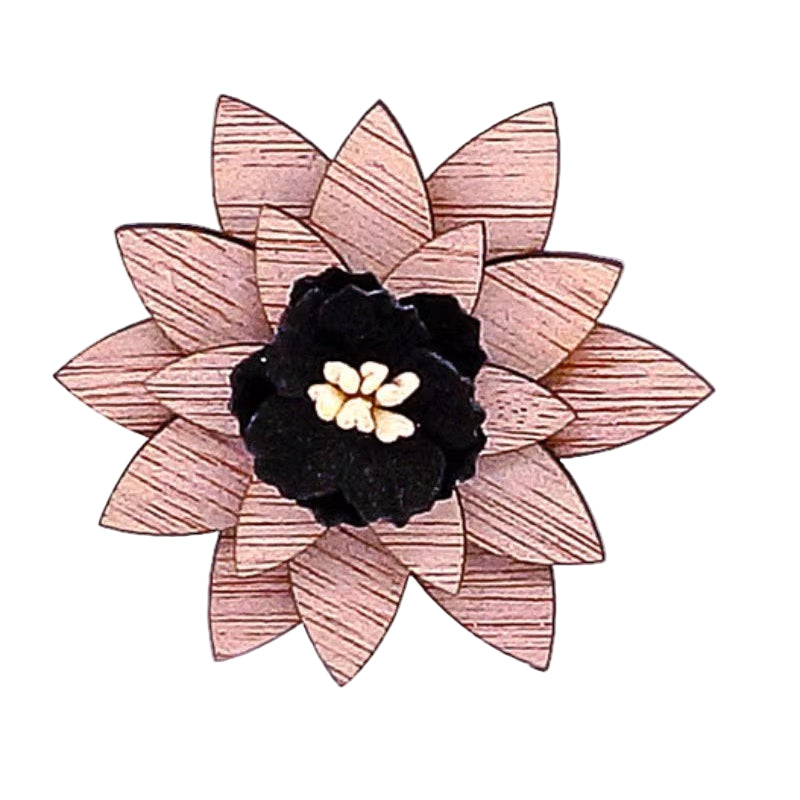Floral accessory with pink petals and black center on a white background