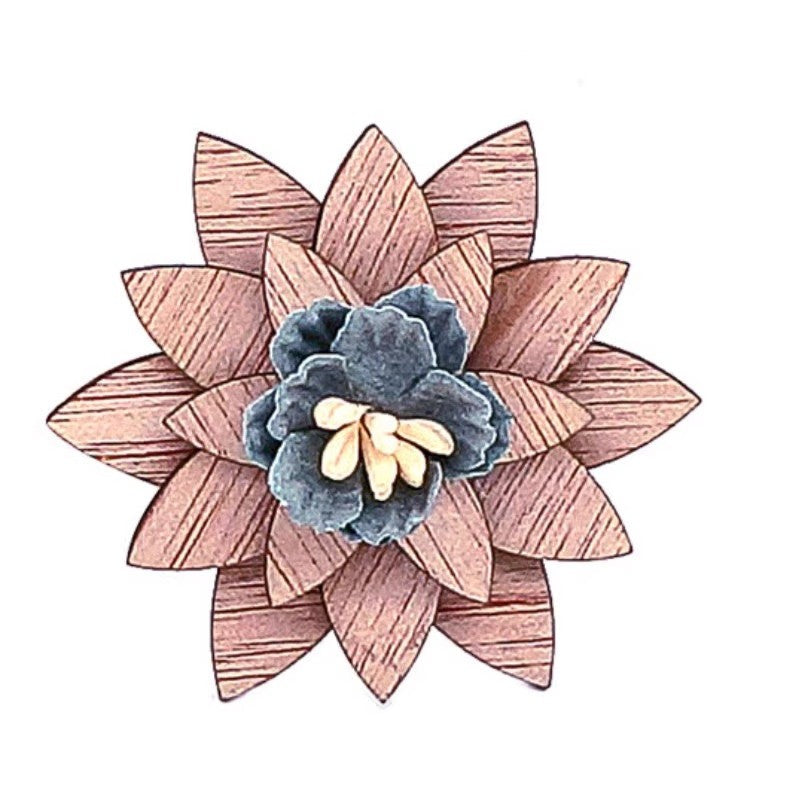 Decorative flower with wooden petals and a central blue flower on a white background