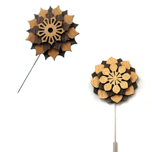 Set of wooden flower-shaped pins on a white background
