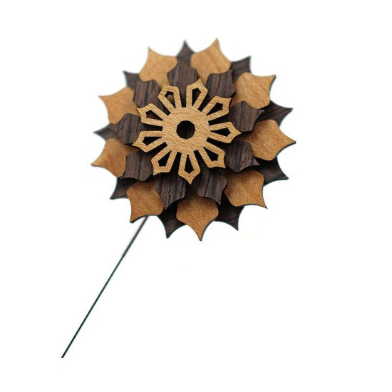 wooden flower-shaped pins on a white background