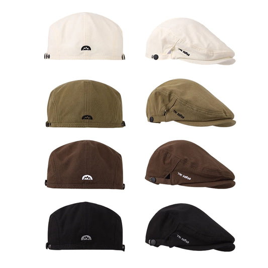 Collection of hats in various colors on a beige background with text on the left side.
