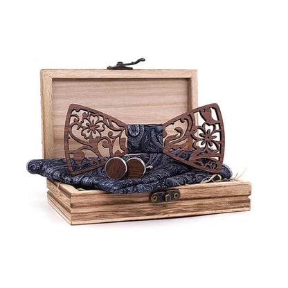 Wooden bow tie and pocket square set in a wooden box on a white background