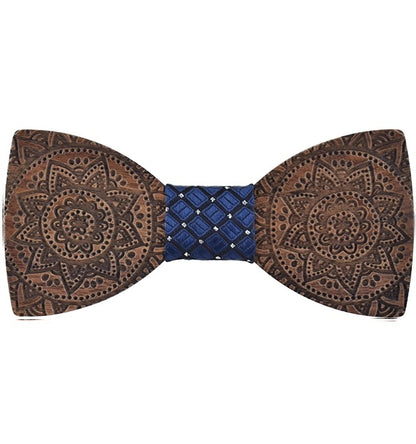 Wooden bow tie with blue patterned center on a white background