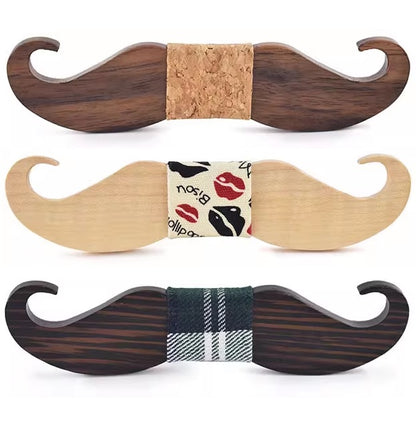 Three wooden mustache-shaped bottle openers with different designs on a white background