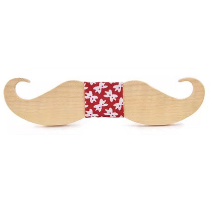 Wooden mustache-shaped toy with a red band featuring white patterns on a white background
