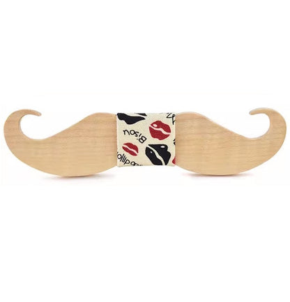 Wooden mustache-shaped object with a decorative band on a white background