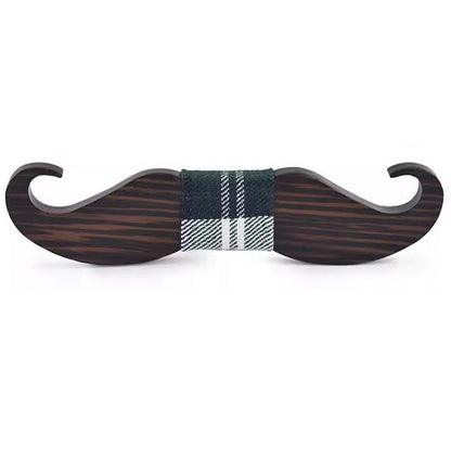 Wooden mustache-shaped object with a plaid band on a white background
