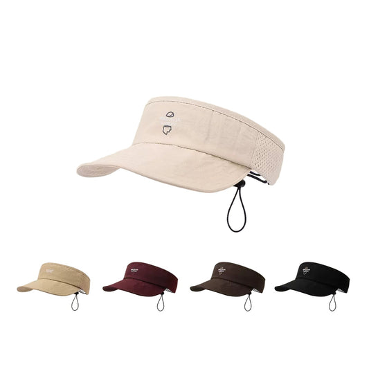 Set of four visors in beige, red, brown, and black on a white background