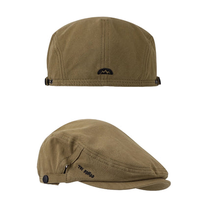 Two brown caps on a beige background with brand name on the left.