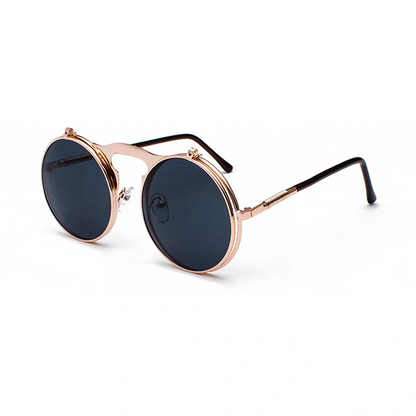 Round sunglasses with rose gold frame and dark lenses on a white background