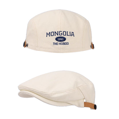 Two beige caps with text on a blue background