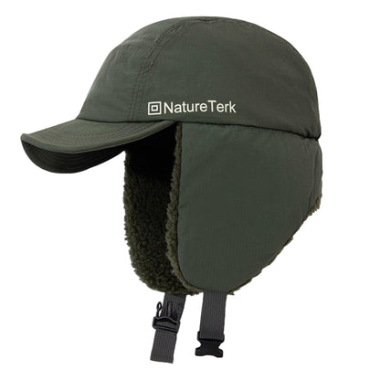 Green winter hat with ear flaps and chin strap on a beige background, featuring the BANLEI and NatureTerk logos.
