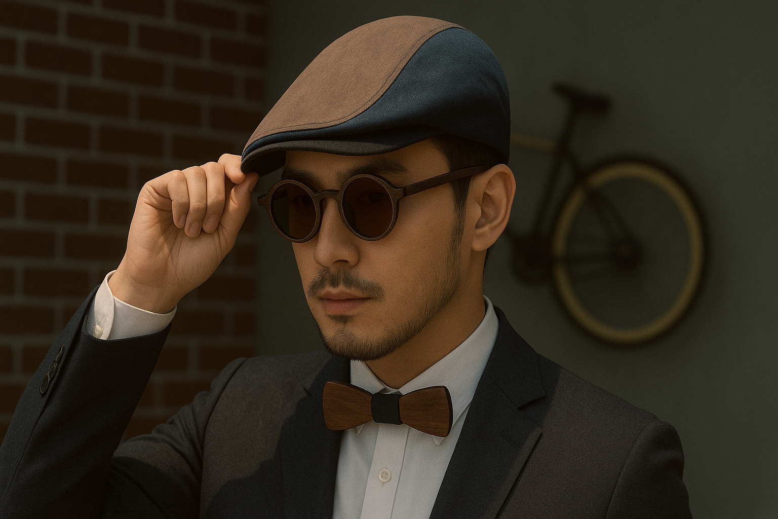 Man wearing a suit, bow tie, and sunglasses with a bicycle in the background.