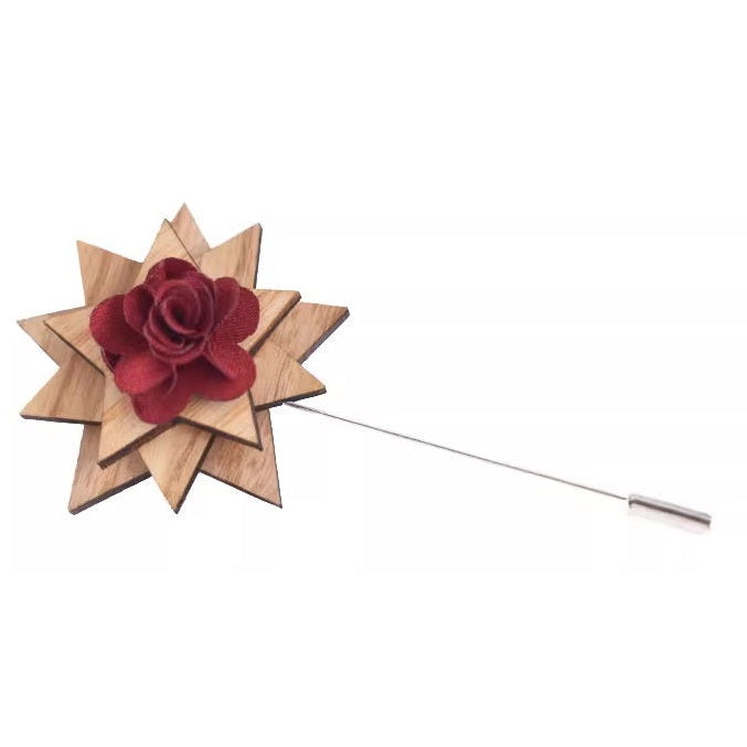 Wooden flower lapel pin with a red flower on a white background