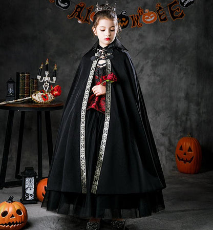 Halloween Dark Queen Kids Costume Dress with Cape