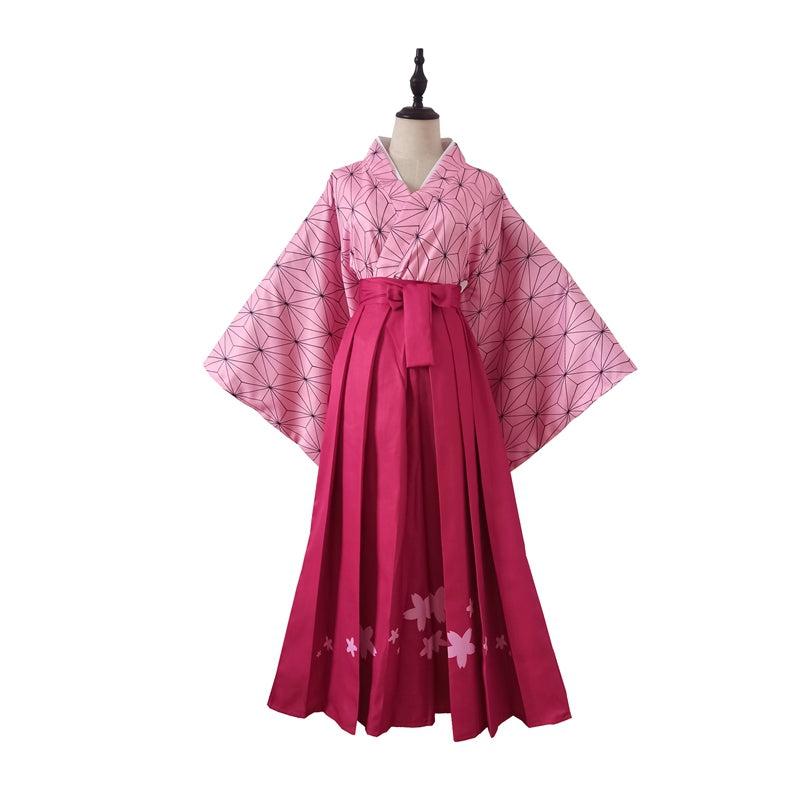 Pink Hemp Leaf Kimono Hakama Set