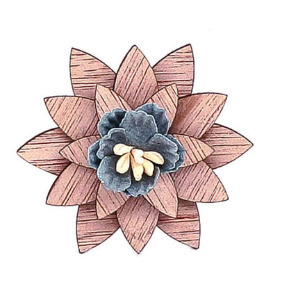 Decorative flower with wooden petals and a central blue flower on a white background