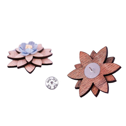 Wooden flower-shaped pins on a marble surface with text overlay
